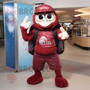 Maroon Pho mascot costume character dressed with a Rash Guard and Backpacks