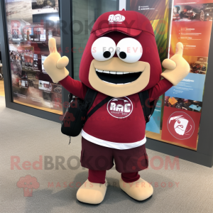 Maroon Pho mascot costume character dressed with a Rash Guard and Backpacks