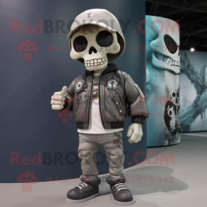 Gray Skull mascot costume character dressed with a Bomber Jacket and Shoe laces