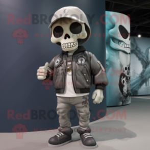 Gray Skull mascot costume character dressed with a Bomber Jacket and Shoe laces