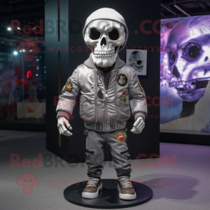 Gray Skull mascot costume character dressed with a Bomber Jacket and Shoe laces