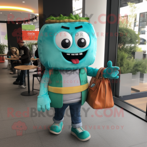 Turquoise Burgers mascot costume character dressed with a Sweatshirt and Handbags