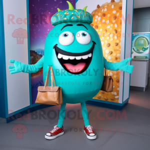 Turquoise Burgers mascot costume character dressed with a Sweatshirt and Handbags