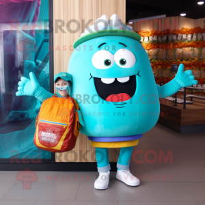 Turquoise Burgers mascot costume character dressed with a Sweatshirt and Handbags