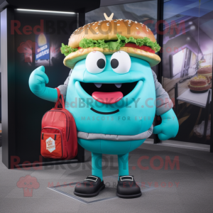 Turquoise Burgers mascot costume character dressed with a Sweatshirt and Handbags