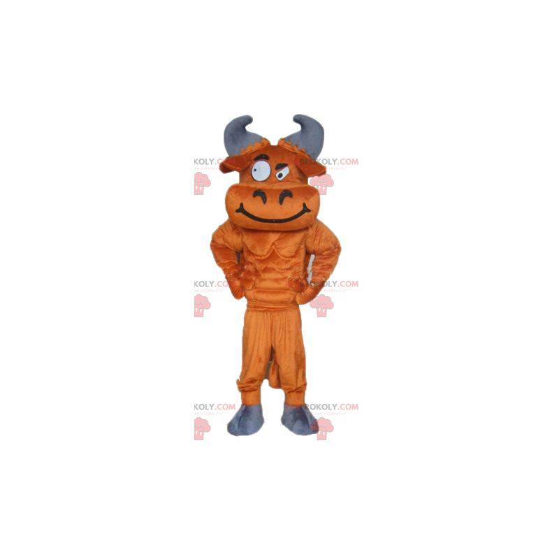 Brown and gray buffalo mascot looking mischievous -
