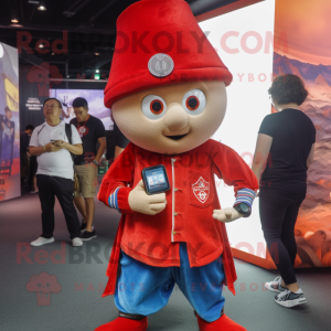 Red Magician mascot costume character dressed with a Denim Shorts and Smartwatches