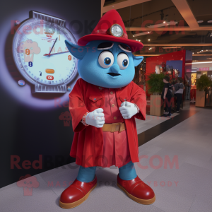 Red Magician mascot costume character dressed with a Denim Shorts and Smartwatches