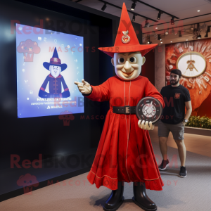 Red Magician mascot costume character dressed with a Denim Shorts and Smartwatches