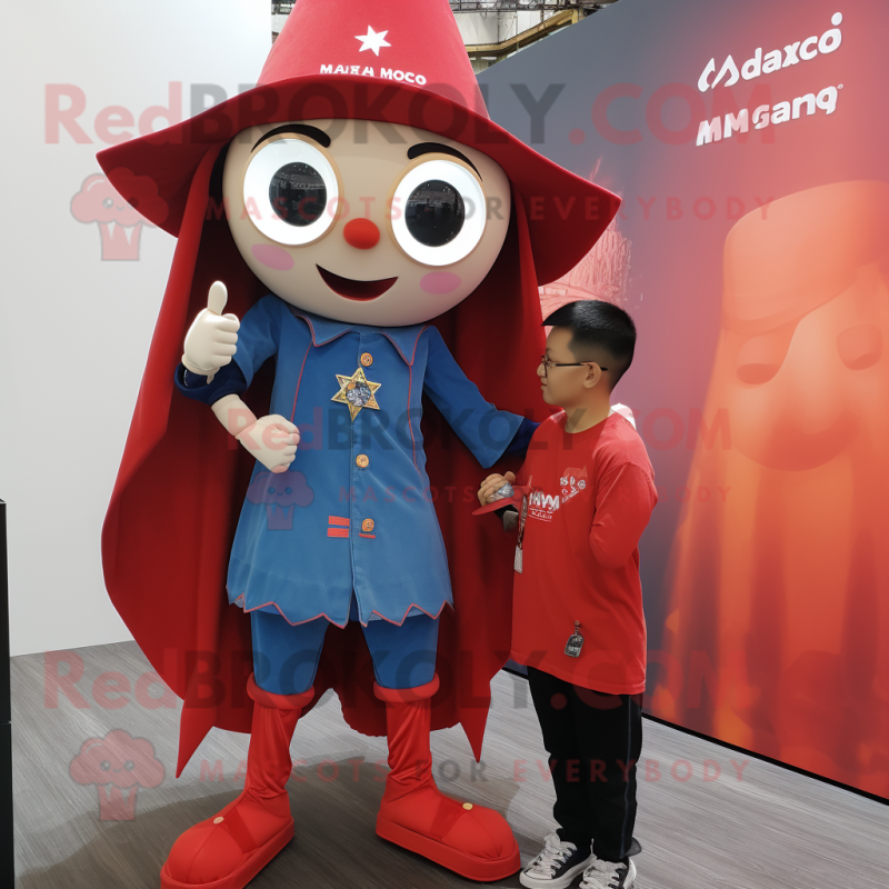 Red Magician mascot costume character dressed with a Denim Shorts and Smartwatches