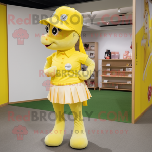 Lemon Yellow Horse mascot costume character dressed with a Mini Skirt and Caps