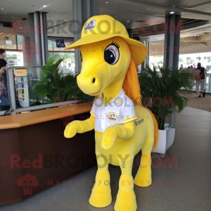 Lemon Yellow Horse mascot costume character dressed with a Mini Skirt and Caps