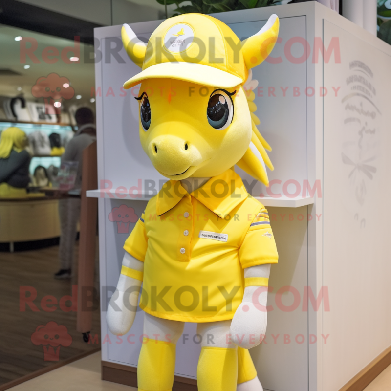 Lemon Yellow Horse mascot costume character dressed with a Mini Skirt and Caps