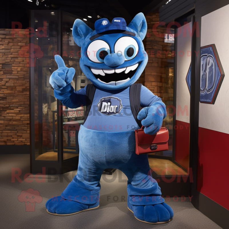 Blue Devil mascot costume character dressed with a Mom Jeans and Wallets Blue Devil mascot costume character dressed with a Mom Jeans and Wallets