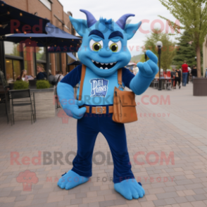 Blue Devil mascot costume character dressed with a Mom Jeans and Wallets