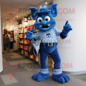 Blue Devil mascot costume character dressed with a Mom Jeans and Wallets