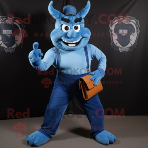 Blue Devil mascot costume character dressed with a Mom Jeans and Wallets
