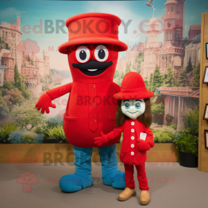 Red Hourglass mascot costume character dressed with a Mom Jeans and Berets