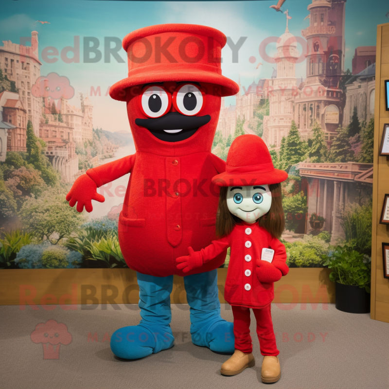 Red Hourglass mascot costume character dressed with a Mom Jeans and Berets Red Hourglass mascot costume character dressed with a Mom Jeans and Berets