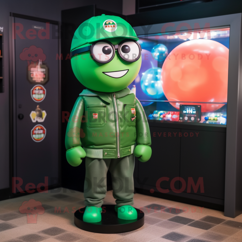 Green Gumball Machine mascot costume character dressed with a Bomber Jacket and Eyeglasses