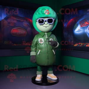 Green Gumball Machine mascot costume character dressed with a Bomber Jacket and Eyeglasses