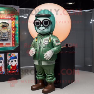 Green Gumball Machine mascot costume character dressed with a Bomber Jacket and Eyeglasses