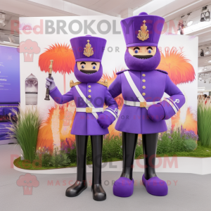 Lavender British Royal Guard mascot costume character dressed with a Mom Jeans and Briefcases