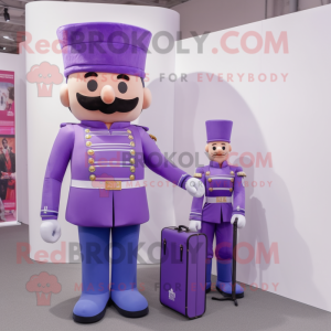 Lavender British Royal Guard mascot costume character dressed with a Mom Jeans and Briefcases