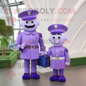 Lavender British Royal Guard mascot costume character dressed with a Mom Jeans and Briefcases