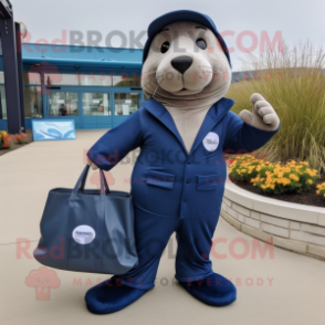 Navy Sea Lion mascot costume character dressed with a Jumpsuit and Tote bags