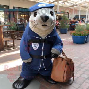 Navy Sea Lion mascot costume character dressed with a Jumpsuit and Tote bags