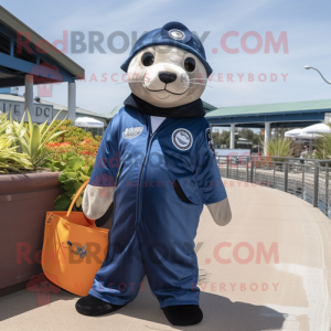 Navy Sea Lion mascot costume character dressed with a Jumpsuit and Tote bags