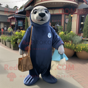 Navy Sea Lion mascot costume character dressed with a Jumpsuit and Tote bags