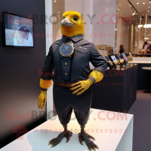 Gold Blackbird mascot costume character dressed with a Oxford Shirt and Smartwatches