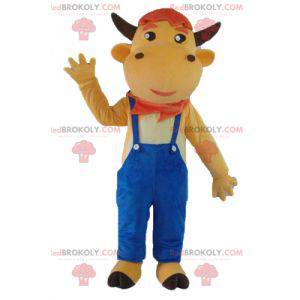 Mascote da vaca marrom de macacão azul - Redbrokoly.com