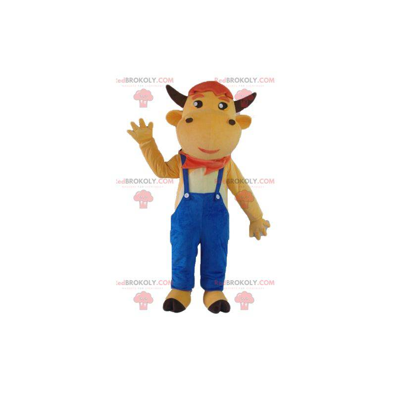 Mascotte de vache marron en salopette bleue - Redbrokoly.com