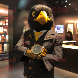 Gold Blackbird mascot costume character dressed with a Oxford Shirt and Smartwatches