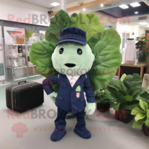 Navy Cabbage Leaf mascot costume character dressed with a Poplin Shirt and Briefcases