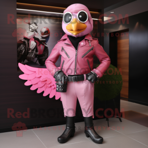 Pink Dove mascot costume character dressed with a Biker Jacket and Messenger bags