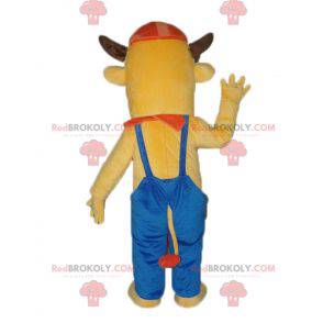 Brown cow mascot in blue overalls - Redbrokoly.com