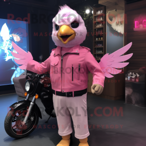 Pink Dove mascot costume character dressed with a Biker Jacket and Messenger bags