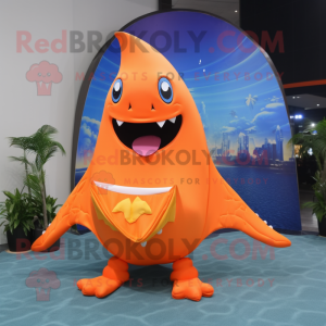 Orange Manta Ray mascot costume character dressed with a Bikini and Caps