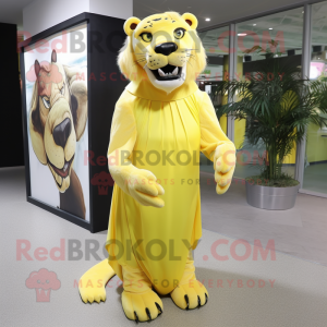Lemon Yellow Smilodon mascot costume character dressed with a Maxi Dress and Tie pins