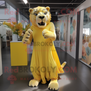 Lemon Yellow Smilodon mascot costume character dressed with a Maxi Dress and Tie pins