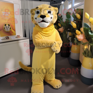 Lemon Yellow Smilodon mascot costume character dressed with a Maxi Dress and Tie pins