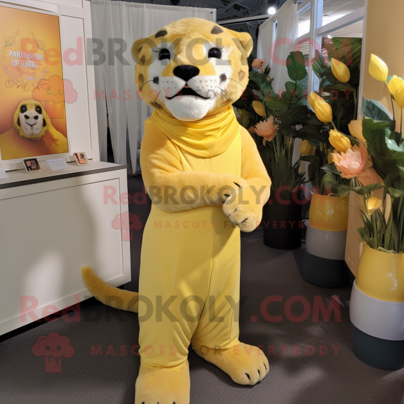 Lemon Yellow Smilodon mascot costume character dressed with a Maxi Dress and Tie pins Lemon Yellow Smilodon mascot costume character dressed with a Maxi Dress and Tie pins