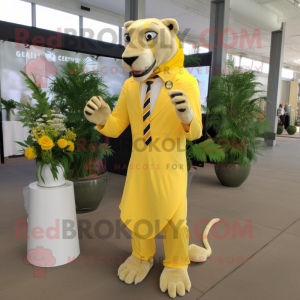 Lemon Yellow Smilodon mascot costume character dressed with a Maxi Dress and Tie pins