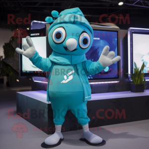 Cyan Trapeze Artist mascot costume character dressed with a Parka and Smartwatches