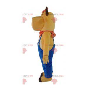 Brown cow mascot in blue overalls - Redbrokoly.com