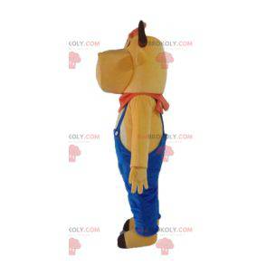Brown cow mascot in blue overalls - Redbrokoly.com